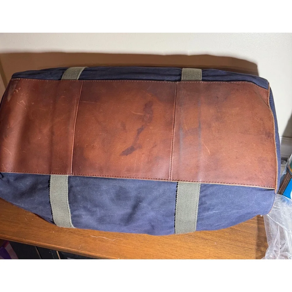 LL Bean Signature Waxed Canvas Duffle Bag Navy Blue Leather trim 22